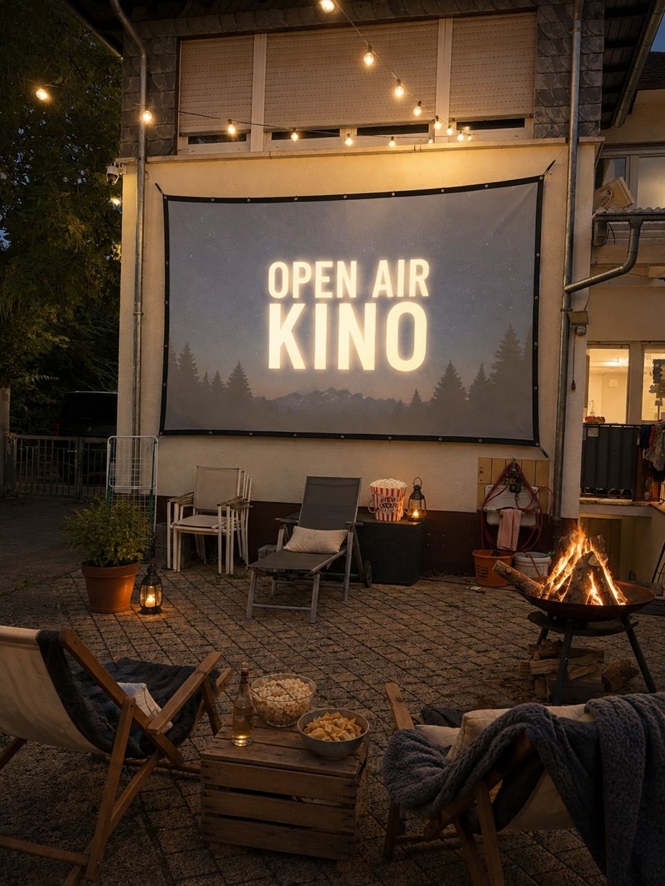Open-Air-Kino Leinwand mit Lagerfeuer